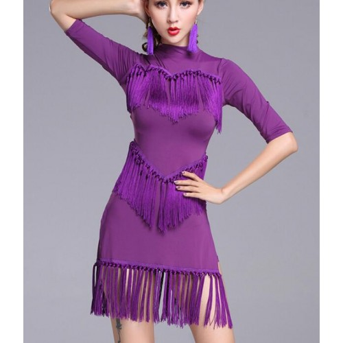 Black red royal blue purple fringes backless fashion women's girl's competition professional latin salsa cha cha dance dresses